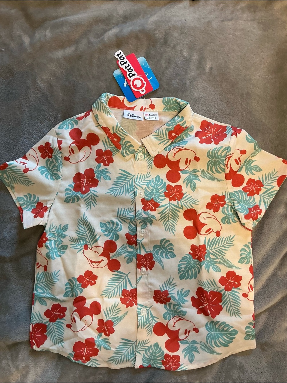 PatPat Disney Mickey Mouse Tropical Button-Down Shirt - Cream, Red & Teal